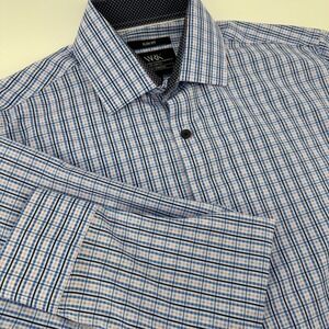 WRK Slim Fit Blue Pink Micro Check 4-Way Stretch Dress Shirt Mens 15 S